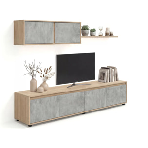 Salón con mueble de TV y estantería en roble canadian y gris cemento 200 cm Arlet Roble Canadian - Gris Cemento