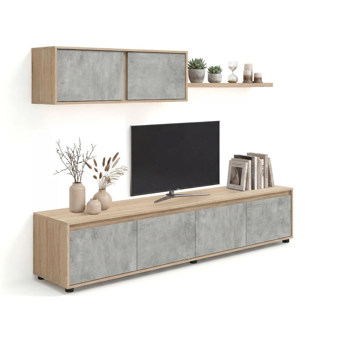Salón con mueble de TV y estantería en roble canadian y gris cemento 200 cm Arlet Roble Canadian - Gris Cemento