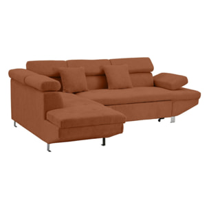 Margaux - Canapé d'angle gauche 5 places convertible avec coffre et têtières réglables en velours texturé - Terracotta