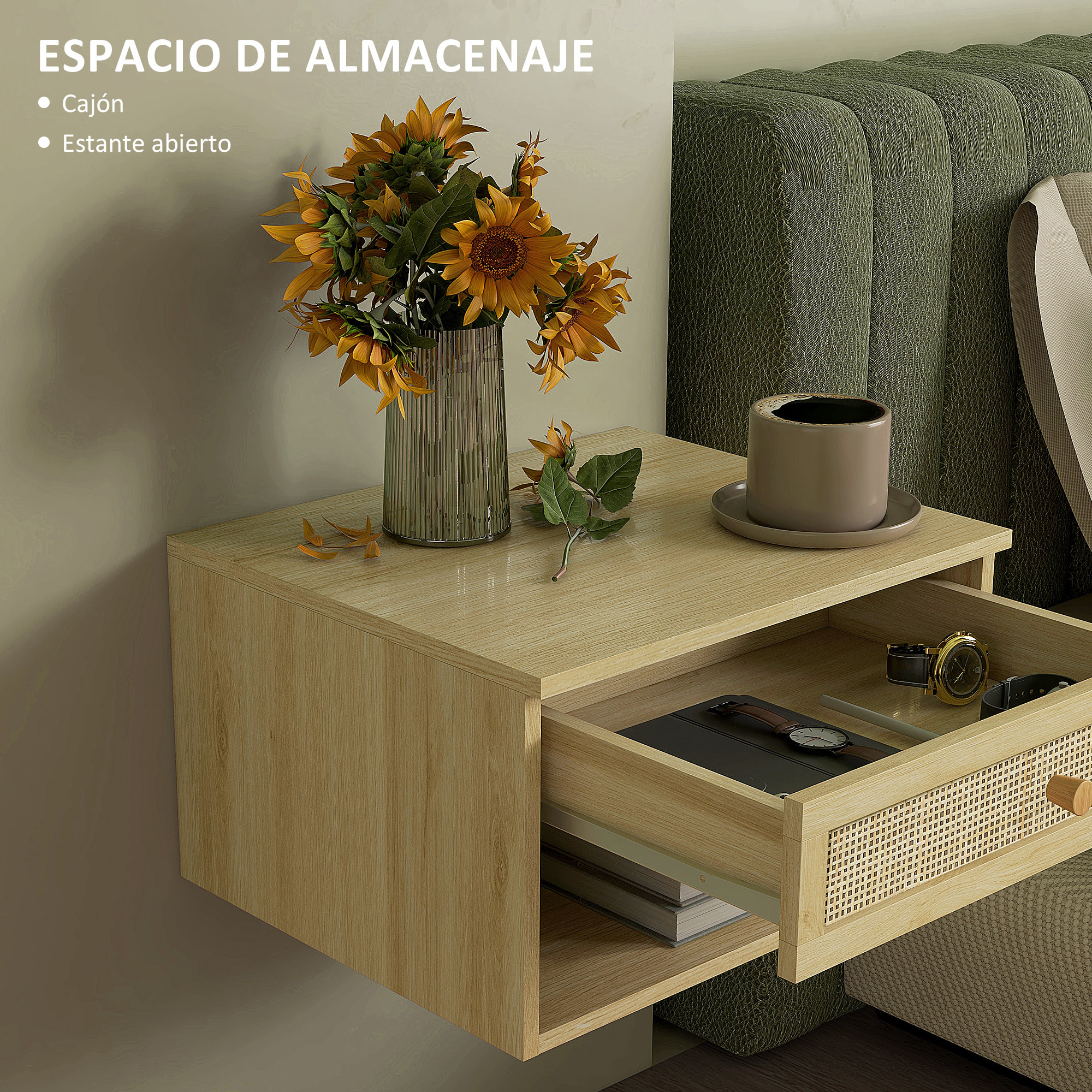 Juego de 2 Mesitas de Noche Flotantes Mesitas de Noche Colgantes con Compartimento Abierto y Cajón con Frontal de Ratán Mesas de Noche para Habitación Hogar 40x34x23 cm Natural