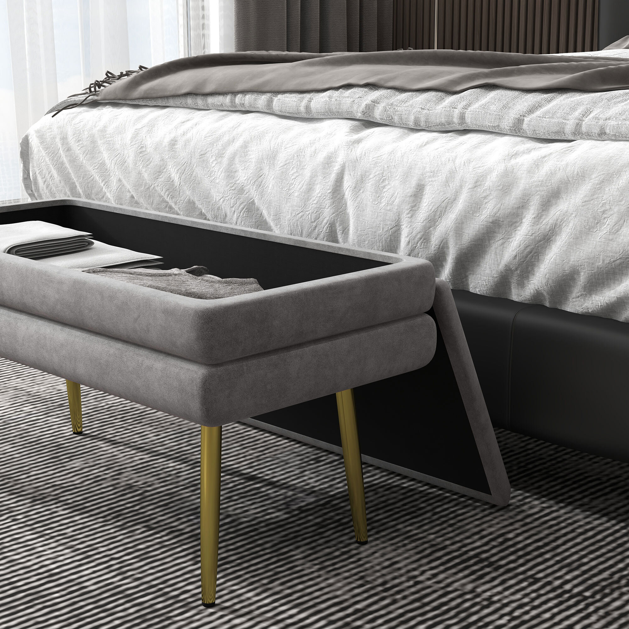 Banquette coffre de rangement 2 en 1 piètement effilé incliné acier doré velours gris clair