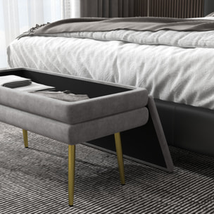 Banquette coffre de rangement 2 en 1 piètement effilé incliné acier doré velours gris clair