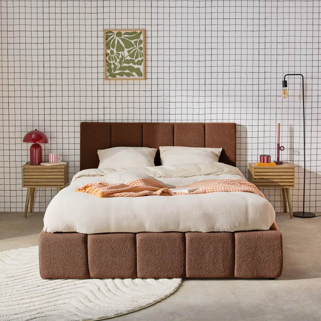 Lit coffre double avec sommier à lattes et tête de lit terracotta 160 x 200 cm bouclette texturée - Lex