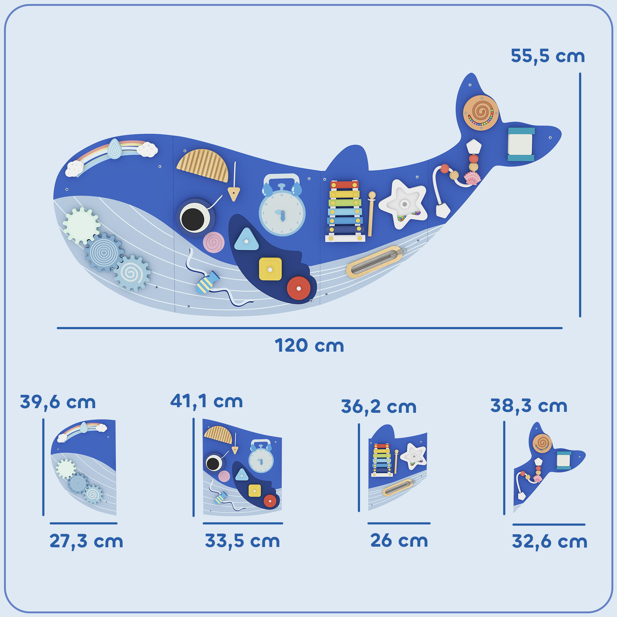 Tablero Sensorial Montessori, Tema Ballena, Busy Board, Panel Sensorial Montessori 13 en 1 de Pared, Juguetes de Aprendizaje para Niños y Niñas +2 Años, Azul