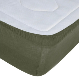 Drap-housse "Linah" - vert kaki - lin lavé 140x190 cm