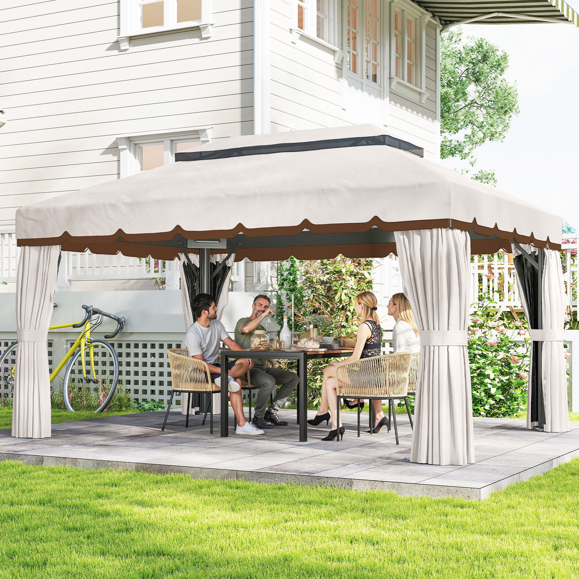 de Jardín 4x3 m, Pabellón de Jardín Gazebo con Doble Techo, 4 Cortinas y Mosquitera, Marco de Aluminio, Orificios de Drenaje, UPF50+, Carpa para Exterior, Terraza, Patio, Blanco Crema