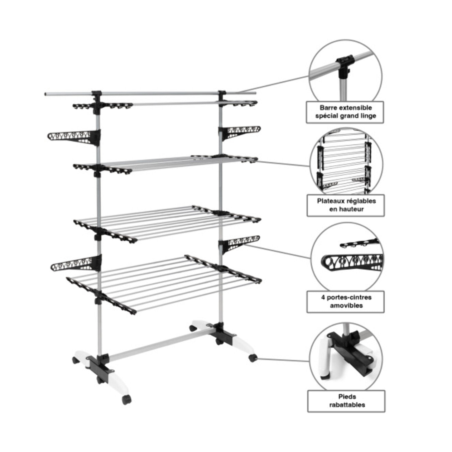 Séchoir Optima noir et blanc 4 niveaux - 40m d'étendage
