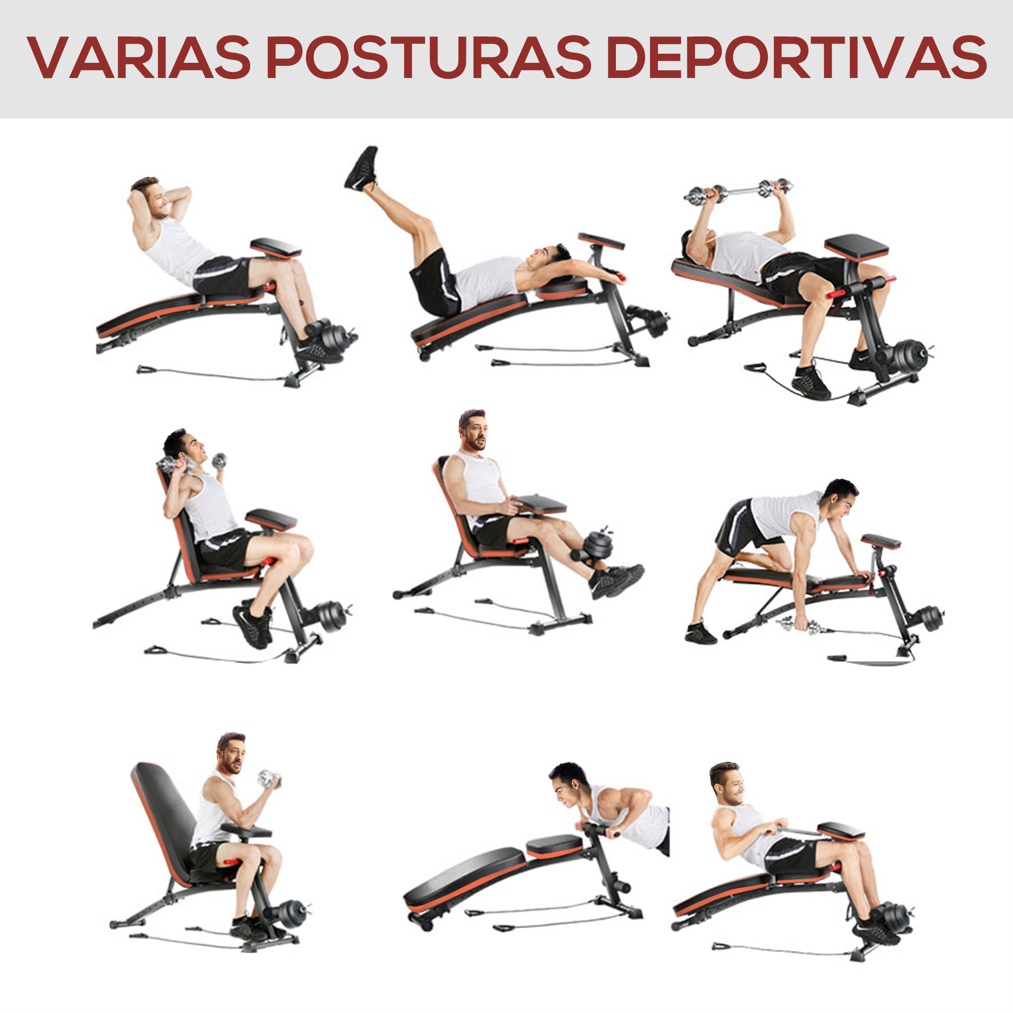 Banco de Musculación Plegable, Banco de Pesas, Respaldo Inclinable de 7 Niveles, Extensión de Pierna, Cojín de Predicador, Banda de Resistencia, para Entrenamiento Completo, Casa Gimnasio, Rojo