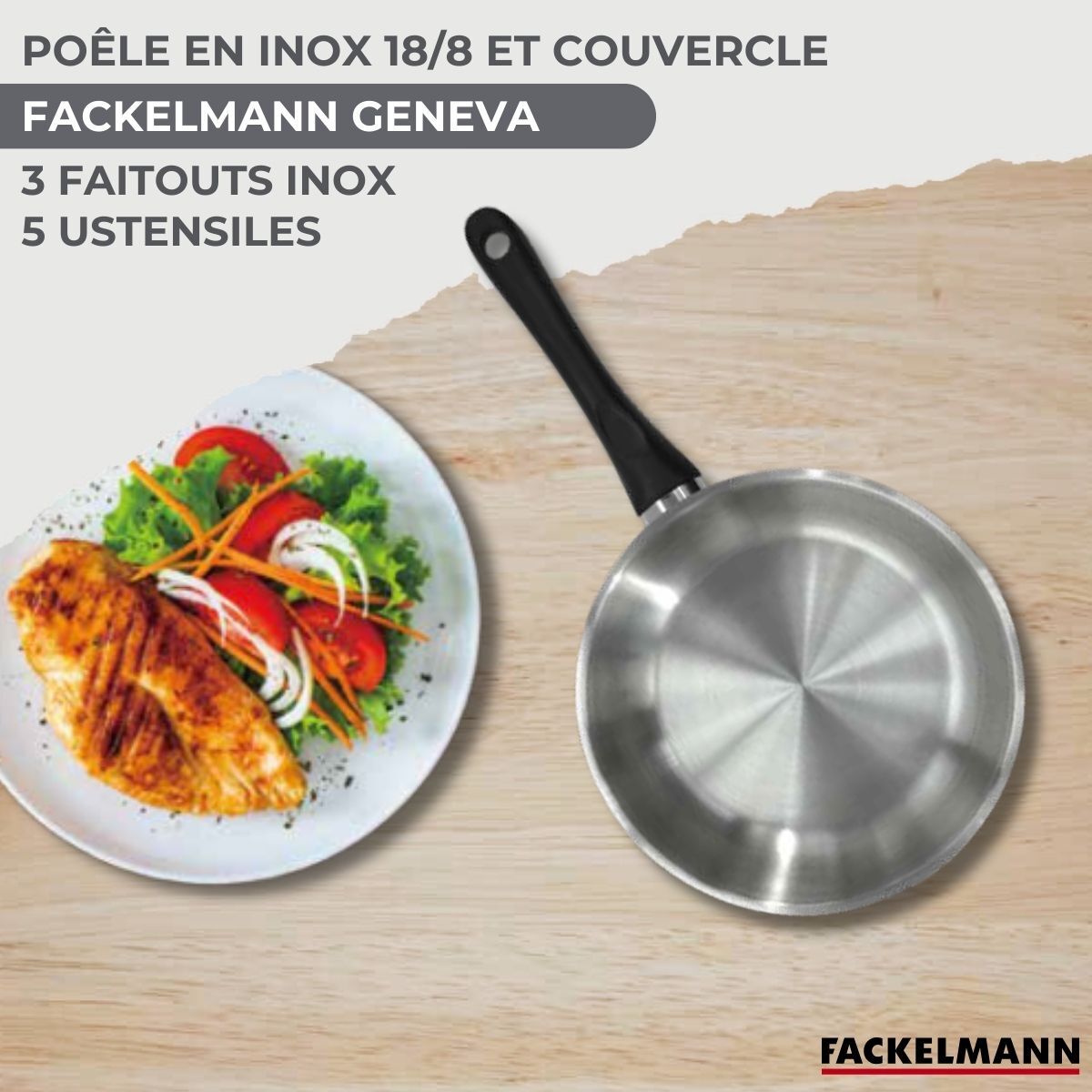 Lot Poêle avec couvercle & 3 Faitouts 16/20/24cm Fackelmann Généva avec 6 ustensiles Vario