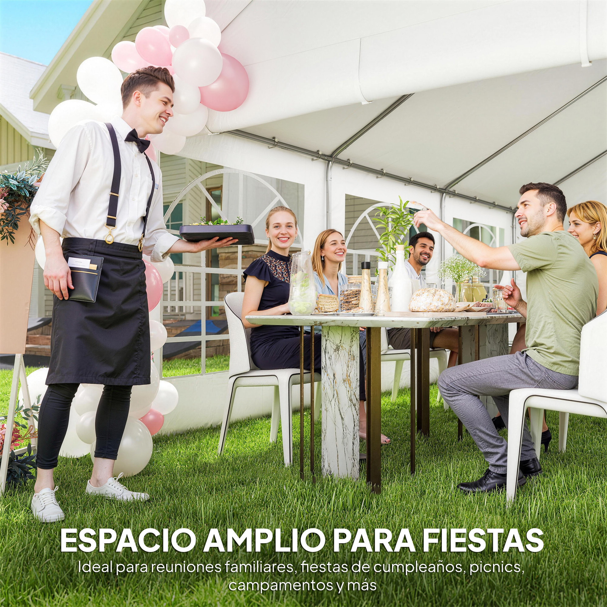 Carpa para Fiesta 4x6 m con Luces LED, Carpa de Jardín con Estructura Acero Galvanizado, Paredes Laterales Extraíbles, 2 Puertas con Cremallera, Ventanas, UPF30+, Gazabo para Eventos, Blanco