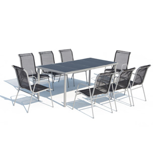 Table de jardin et 8 chaises en acier et toile PVC gris ATIMA