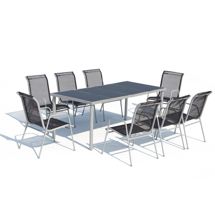 Table de jardin et 8 chaises en acier et toile PVC gris ATIMA