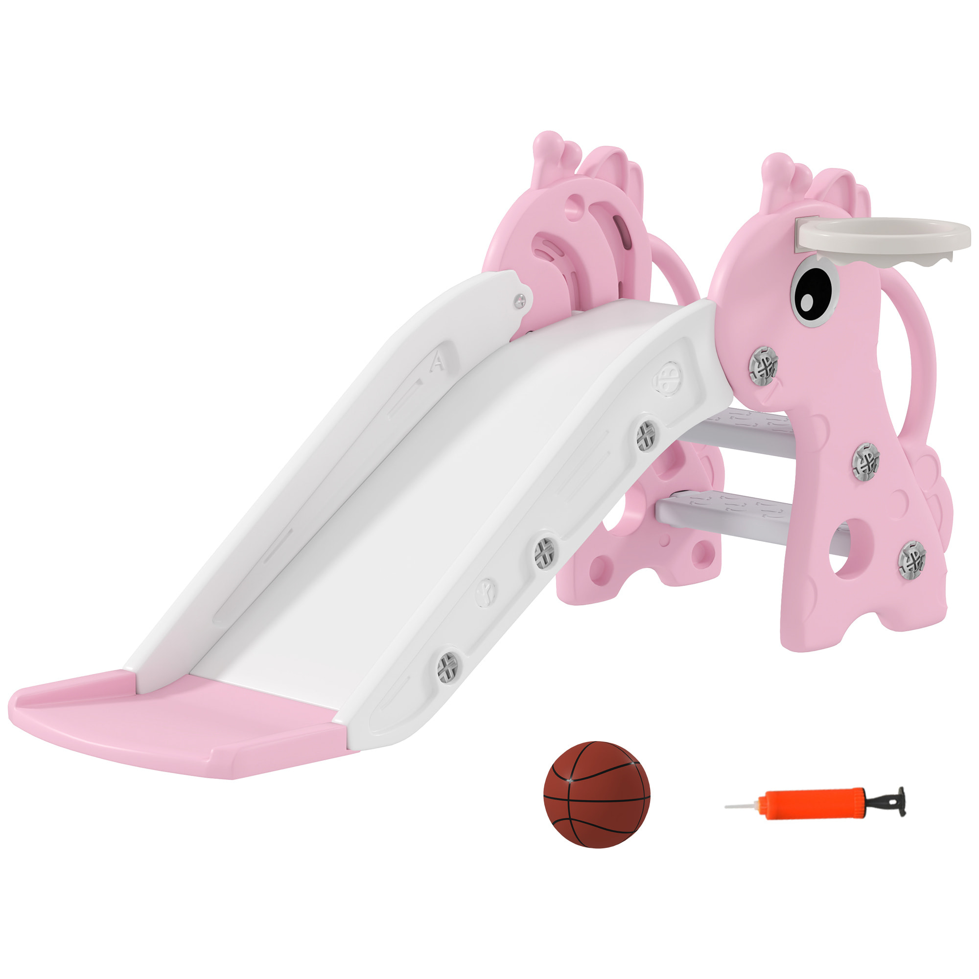 Toboggan enfant design girafon - panier de basket-ball intégré - ballon, pompe inclus - plastique rose blanc