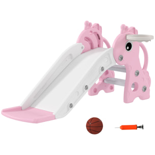 Toboggan enfant design girafon - panier de basket-ball intégré - ballon, pompe inclus - plastique rose blanc