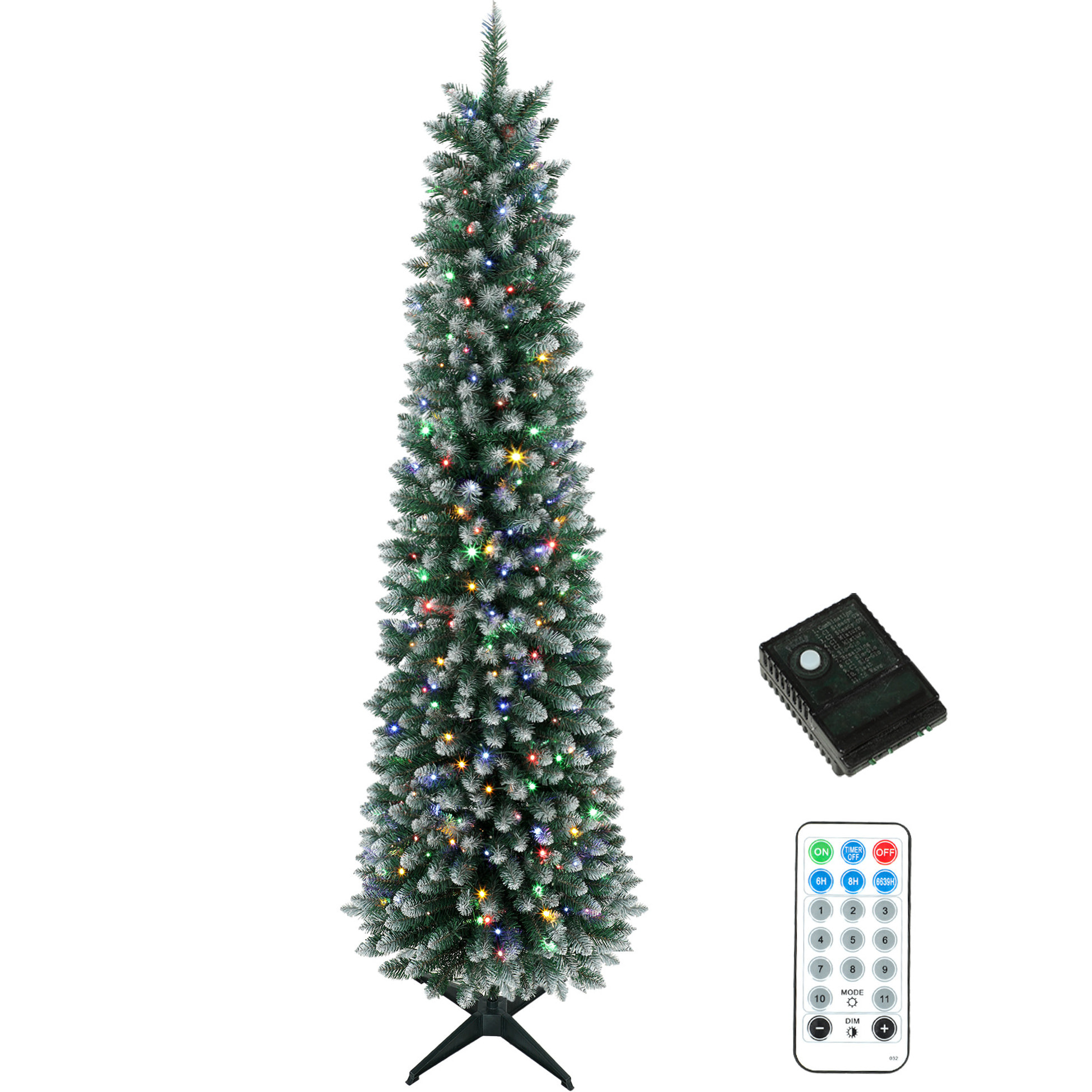 Árbol de Navidad Estrecho con 170 Luces LED Bicolor, 180 cm, Árbol de Navidad de Abeto Nevado, 351 Ramas Ignífugas, 11 Modos, Mando a Distancia, Estructura de Acero, Verde y Blanco
