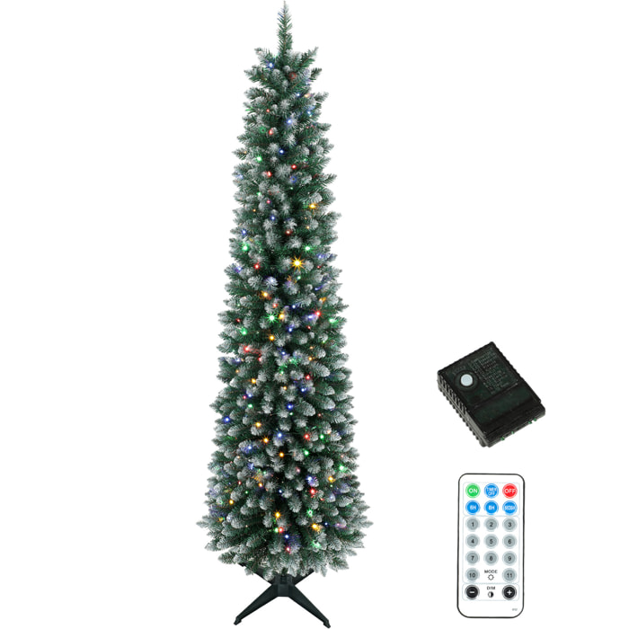 Árbol de Navidad Estrecho con 170 Luces LED Bicolor, 180 cm, Árbol de Navidad de Abeto Nevado, 351 Ramas Ignífugas, 11 Modos, Mando a Distancia, Estructura de Acero, Verde y Blanco