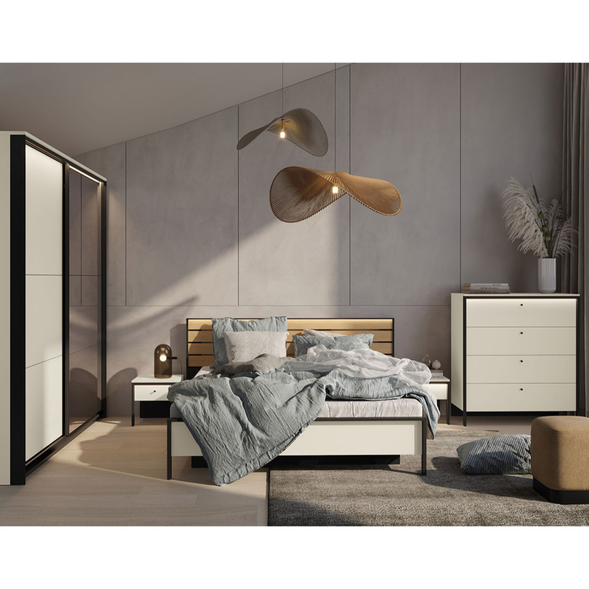 Kimi - lit coffre - 160x200 cm - sommier et port USB inclus - Beige / Noir