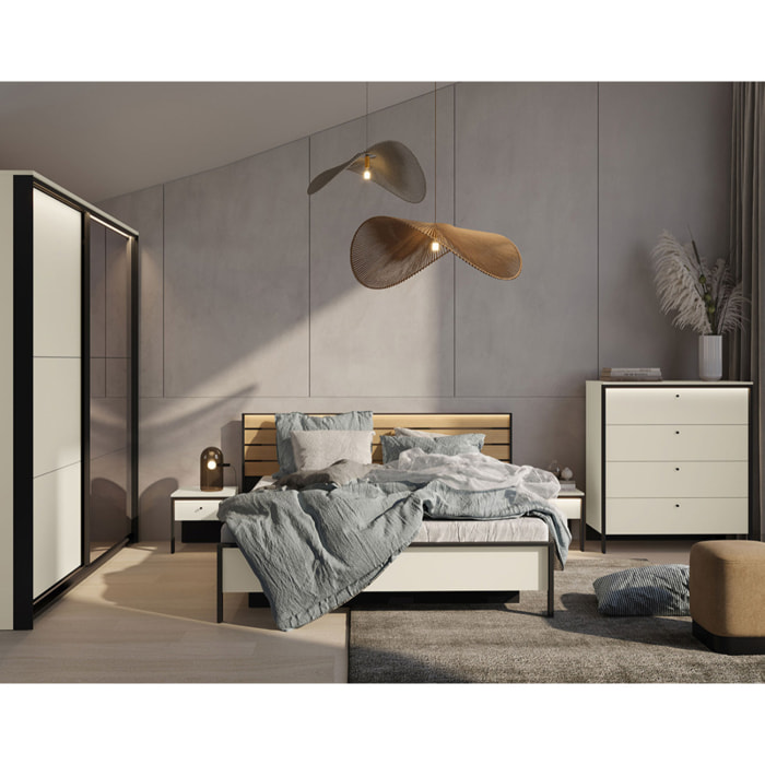 Kimi - lit coffre - 160x200 cm - sommier et port USB inclus - Beige / Noir