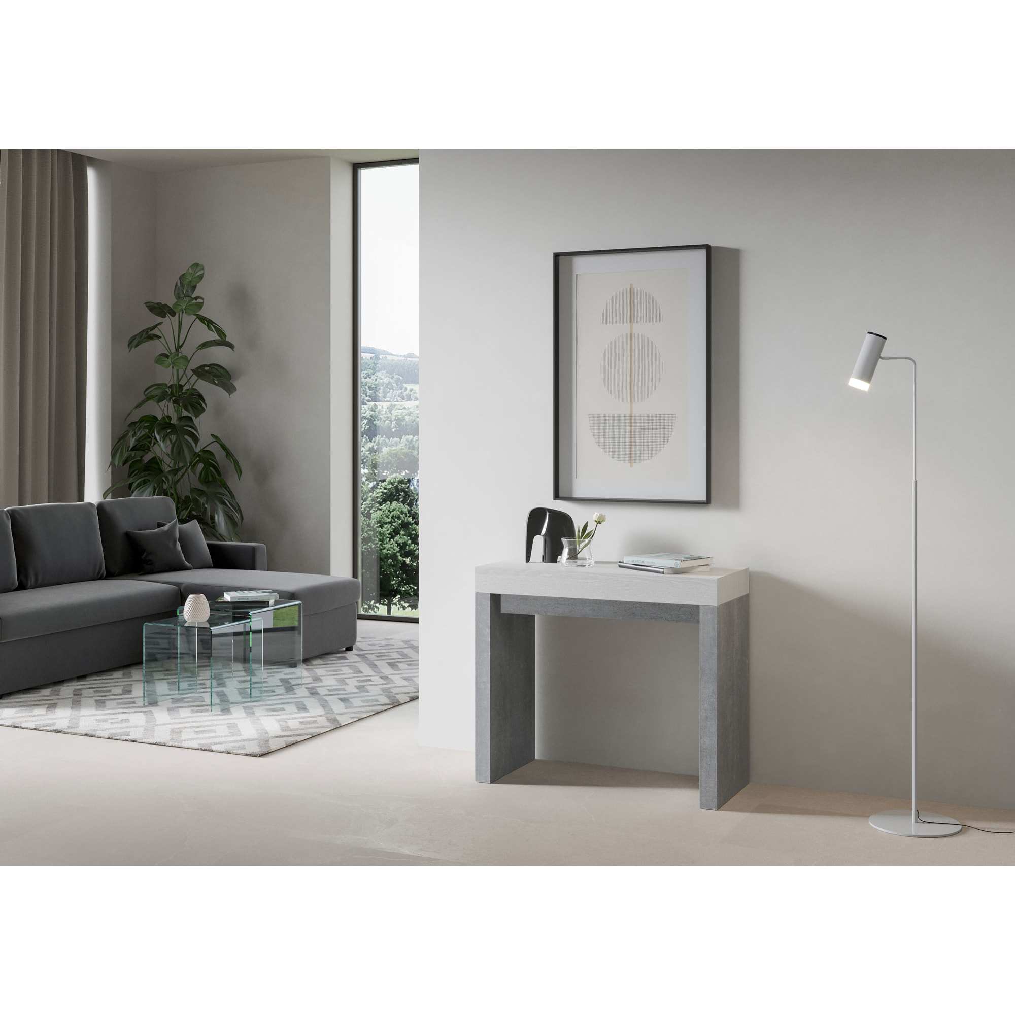 Console Roxell Small cm.90x42 (extensible à 196) dessus Frêne Blanc structure Ciment