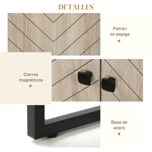 Aparador de 4 Puertas con Diseño Chevron, Aparador de Salón con Estantes Ajustables, Patas de Acero, para Cocina, Entrada, Dormitorio, Roble, 140,5x40x81,5 cm