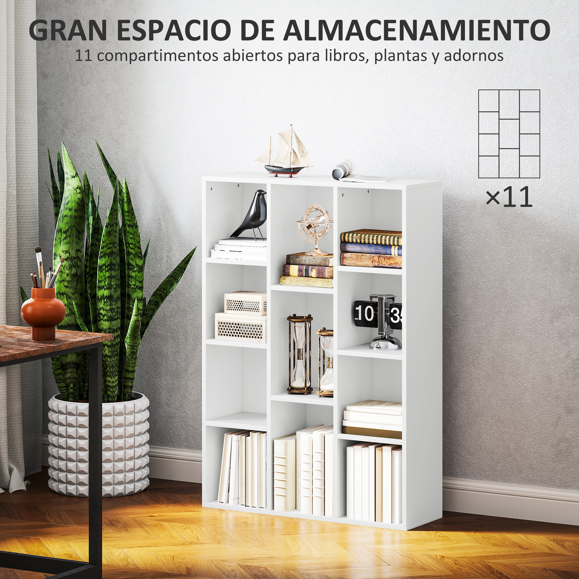 Librería de 4 Niveles Estantería de Libros con 11 Compartimentos Diseño Vertical u Horizontal para Sala de Estar Oficina Dormitorio 74,3x24x106 cm Blanco