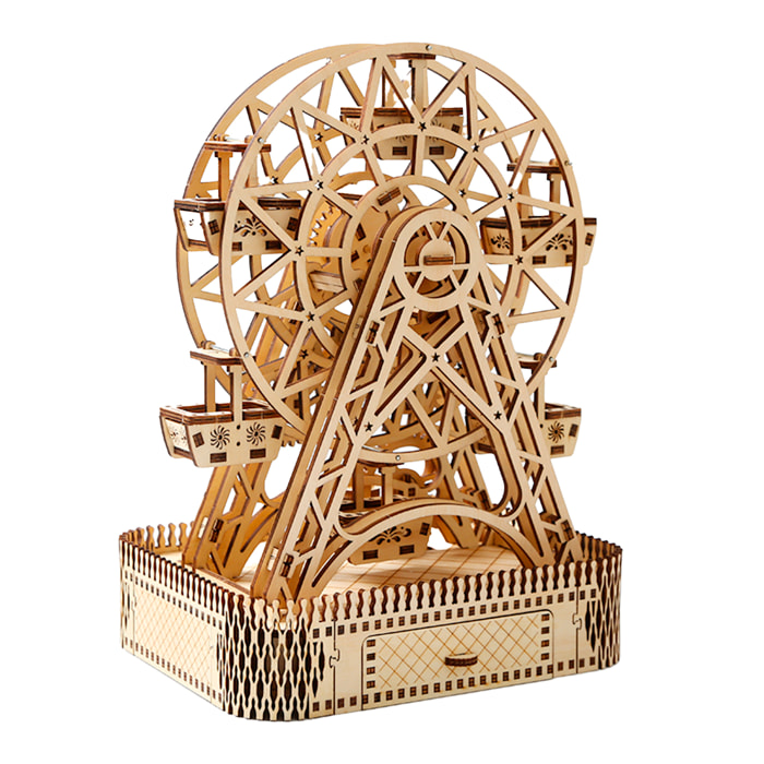 Maqueta de Madera 3D, diseño de Noria con movimiento mecánico y música. 207 piezas.