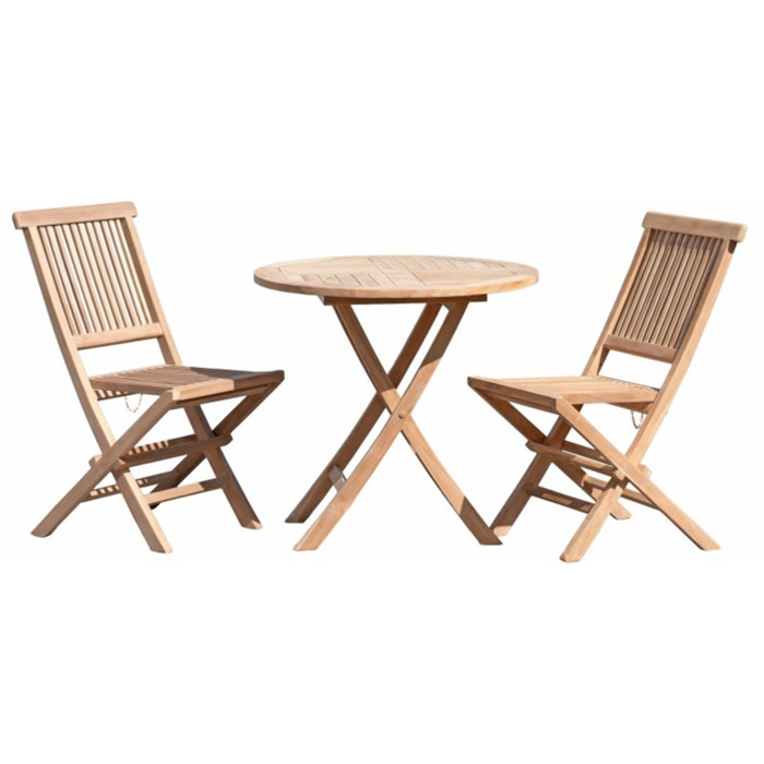 FUN - SALON DE JARDIN EN BOIS TECK 2 personnes - Ensemble de jardin - 1 Table ronde pliante 80 cm et 2 chaises