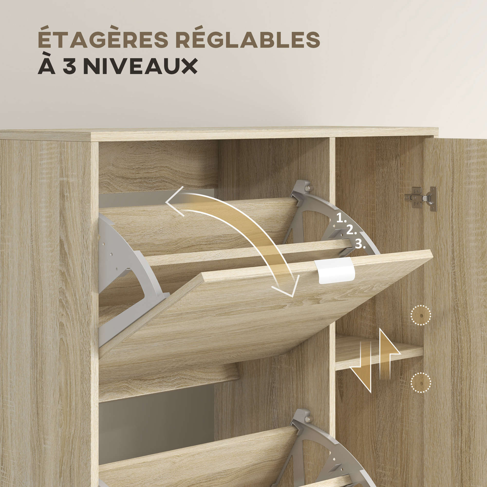 Meuble à chaussures - 4 portes abattantes, 2 portes miroirs, étagères réglables - aspect bois naturel