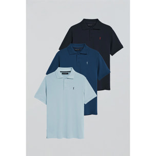 Pack de tres polos de tres botones azul marino, azul claro e índigo con logo Rigby Go