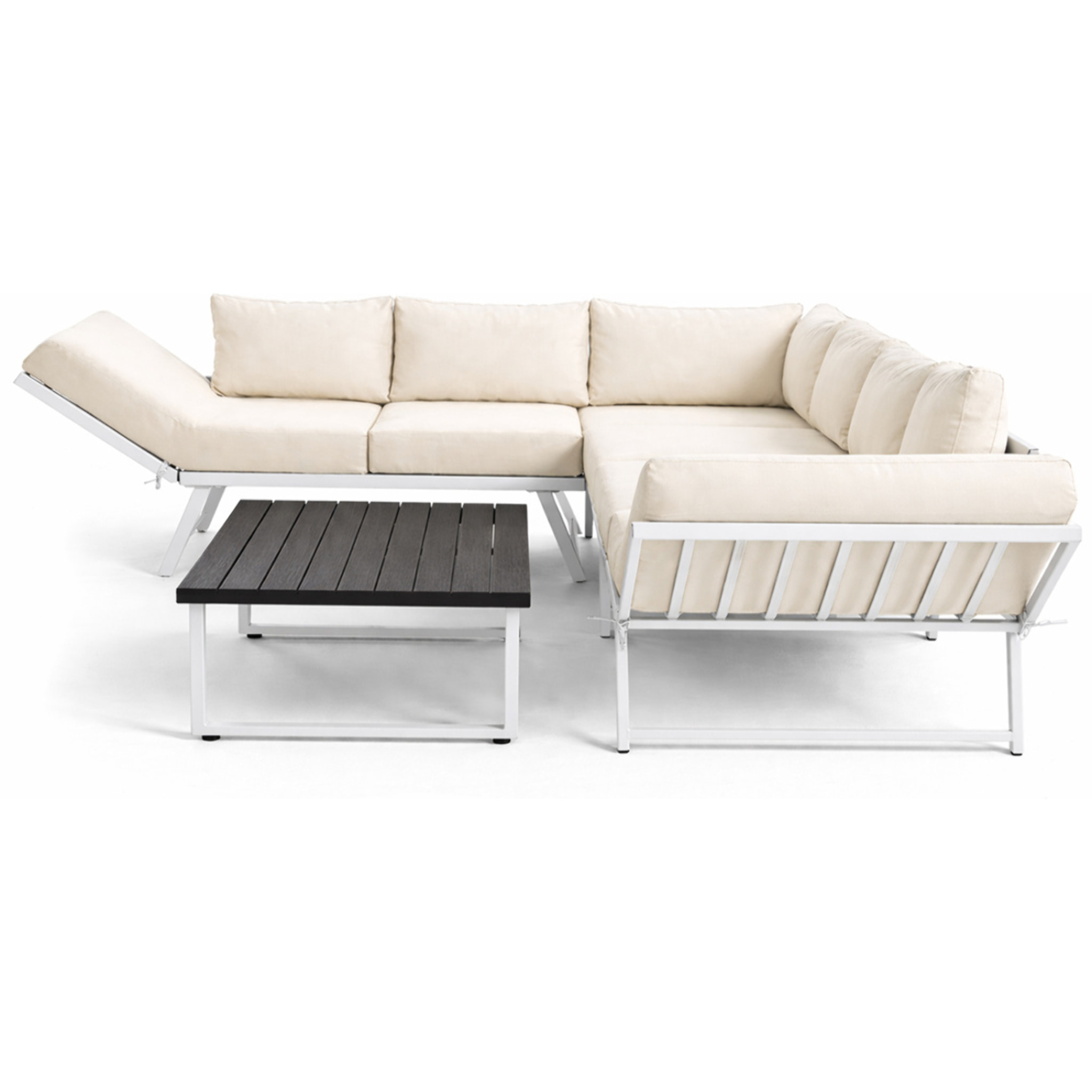 Konna - salon de jardin d'angle en acier blanc - 5 places - coussin beige et table incluse - Beige/Blanc