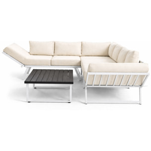 Konna - salon de jardin d'angle en acier blanc - 5 places - coussin beige et table incluse - Beige/Blanc