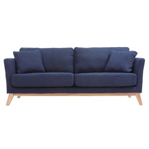 Canapé scandinave déhoussable 3 places en tissu bleu foncé et bois clair OSLO