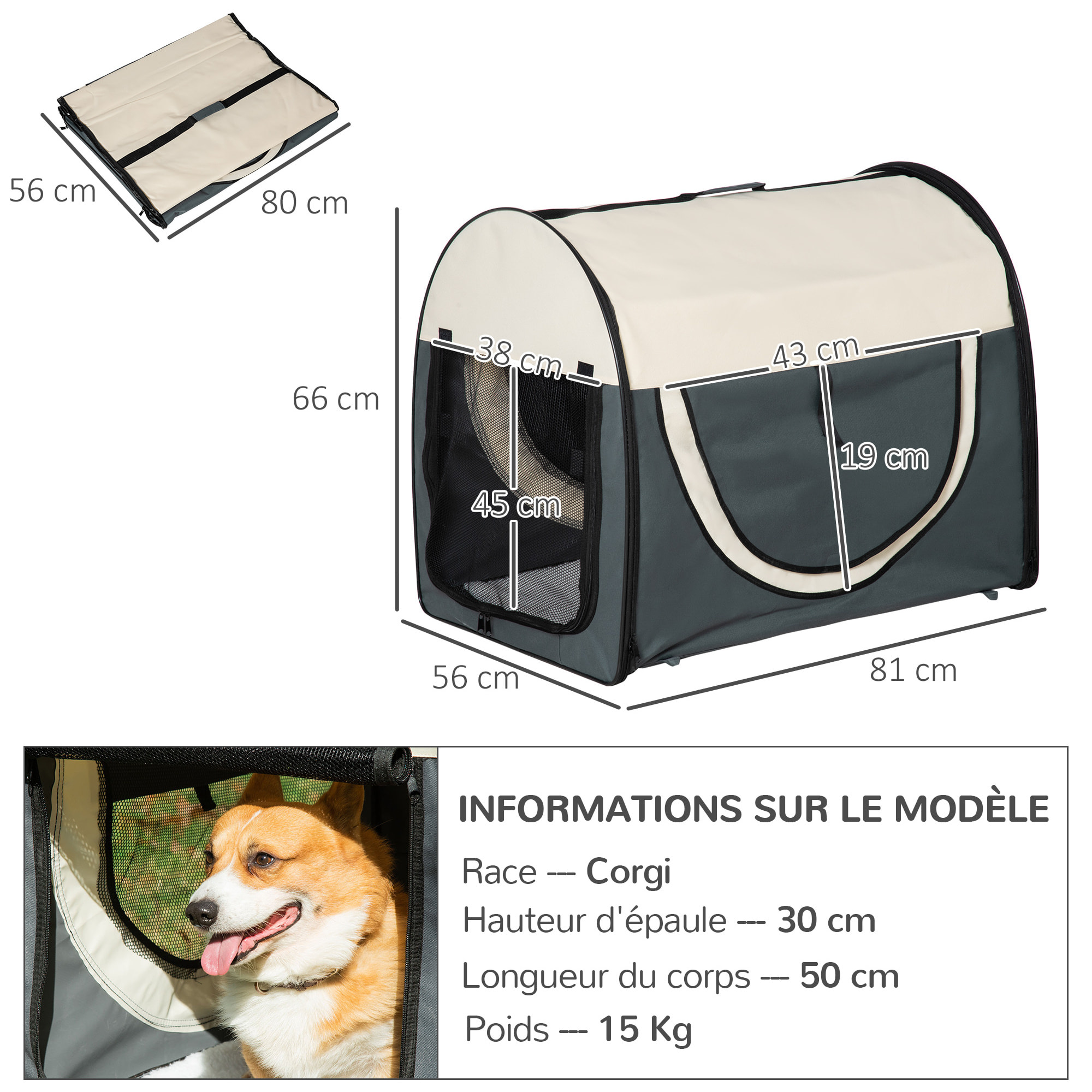 Sac de transport pliable chien chat - poignée, porte, 3 fenêtres, coussin - gris beige