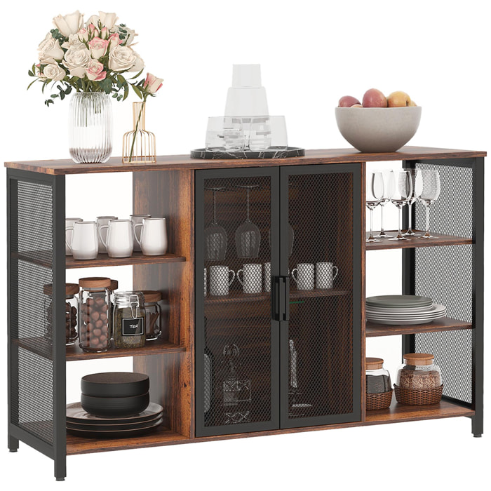 HOMCOM Aparador de Cocina Industrial Mueble Buffet Auxiliar con 6 Estantes Abiertos Porta Copas y Estante Ajustable para Bar Comedor 120x40x76 cm Marrón Rústico