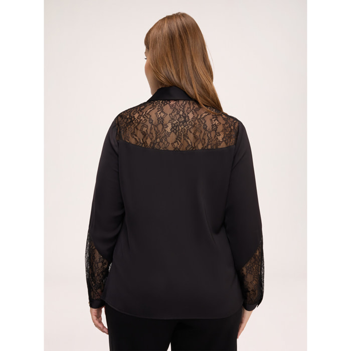 Fiorella Rubino - Blusa in raso stretch con inserti in pizzo - Nero