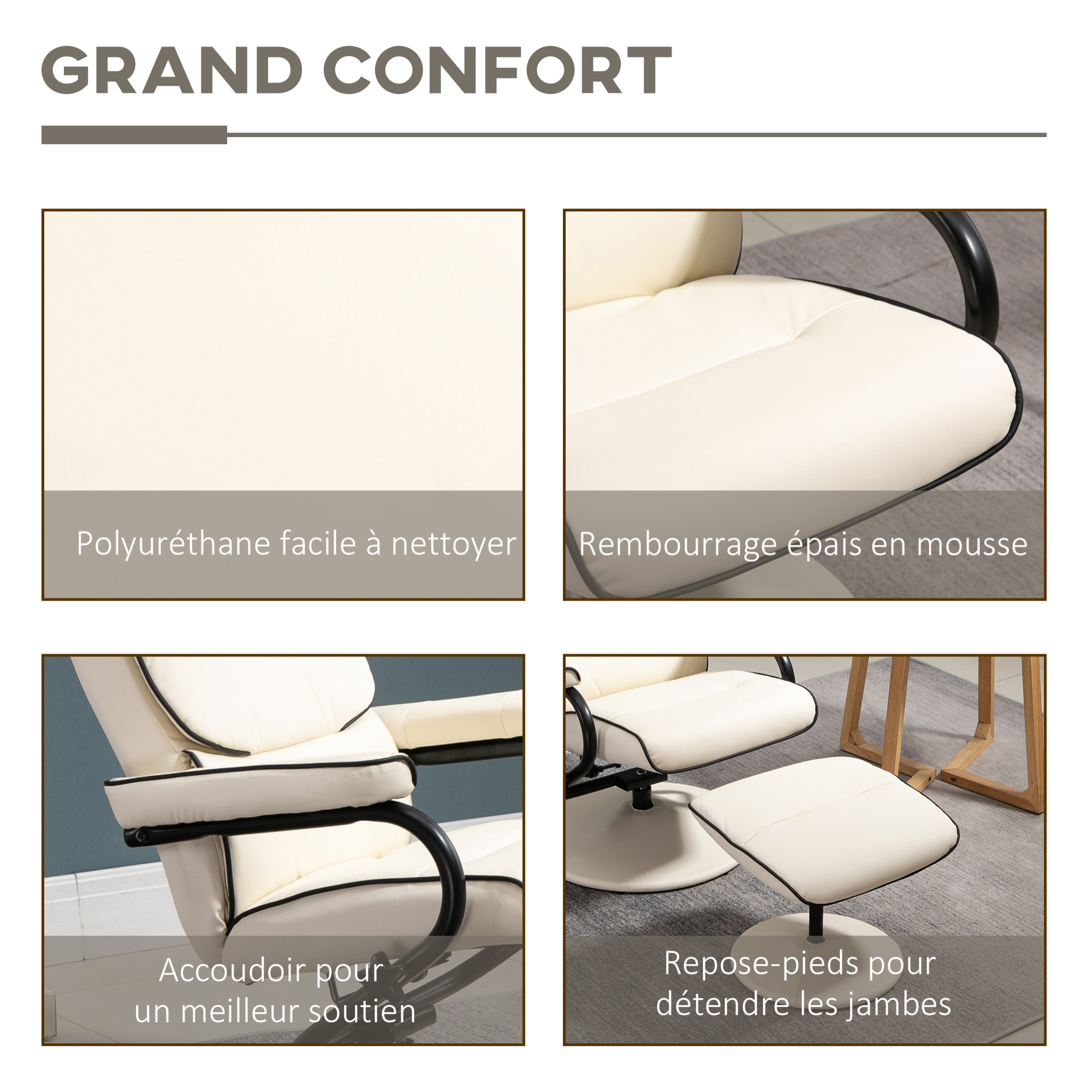 Fauteuil relax inclinable pivotant avec repose-pieds liserets noir synthétique crème