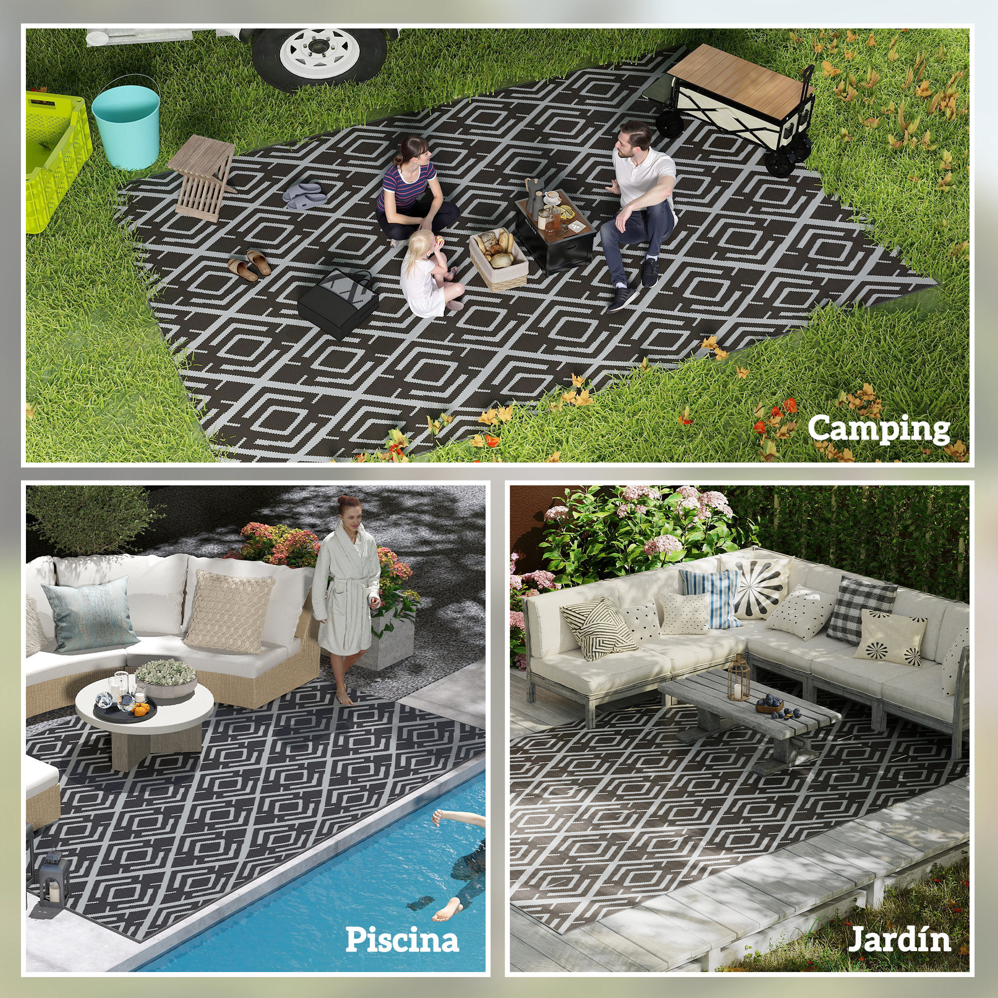 Alfombra de Exterior 182x274 cm Alfombra Reversible con Patrón Geométrico de Rombos Impermeable Bolsa de Transporte para Terraza Balcón Patio Camping Playa Negro