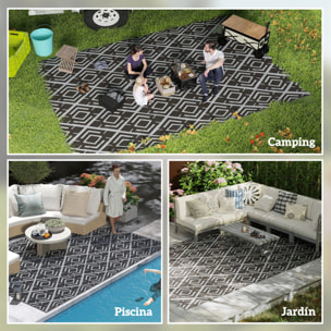 Alfombra de Exterior 182x274 cm Alfombra Reversible con Patrón Geométrico de Rombos Impermeable Bolsa de Transporte para Terraza Balcón Patio Camping Playa Negro