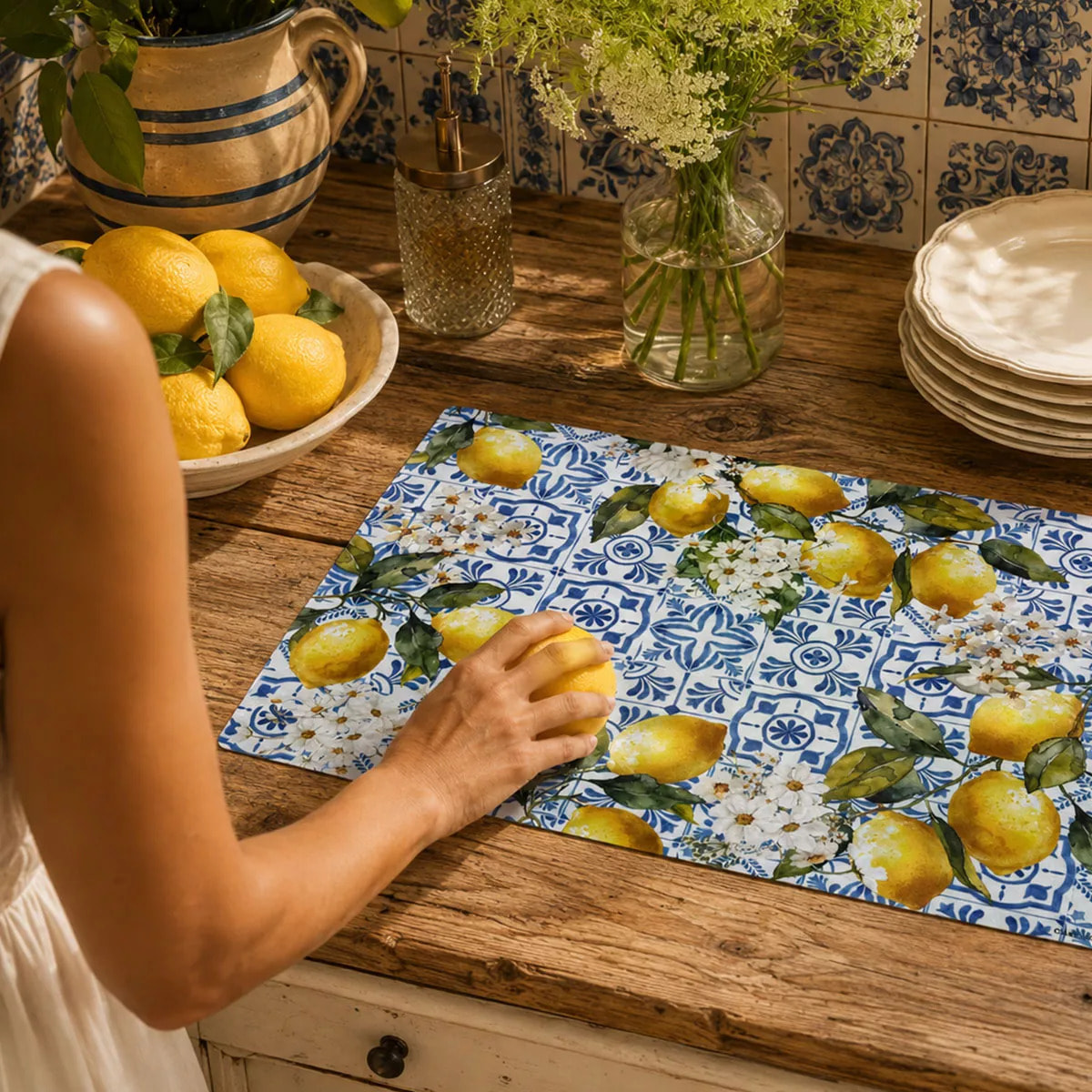 Set vinyle 860 g/m² imprimé bleu jaune Citrons azulejos bleu