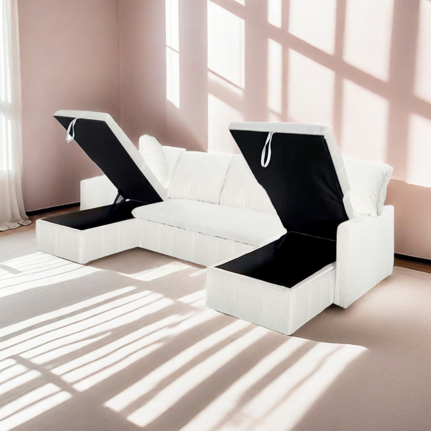 ELLA - Canapé panoramique convertible 4 places en velours côtelé avec coffre - beige