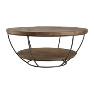 ALIDA - Table basse coque ronde 80x80cm double plateau teck recyclé métal noir