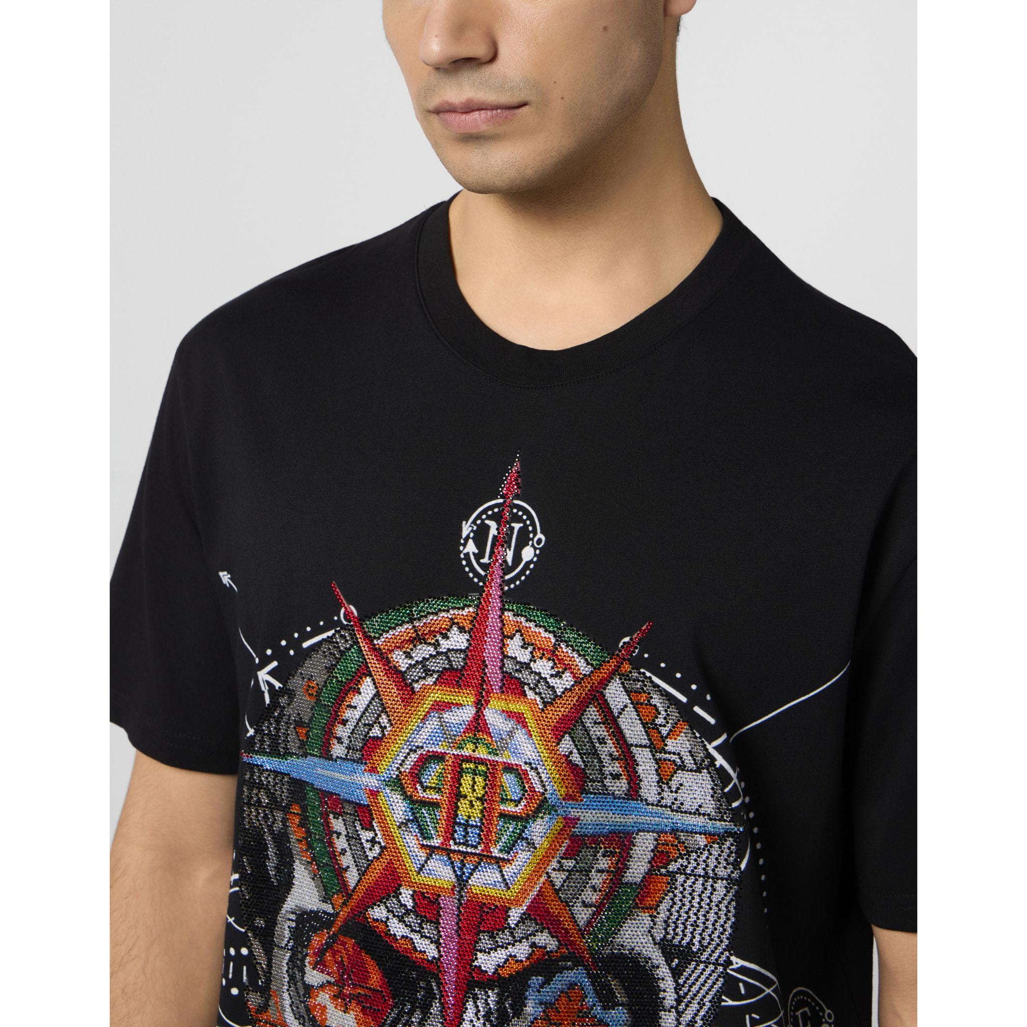 PHILIPP PLEIN Round Neck T-Shirt Wind Rose Skull Stones