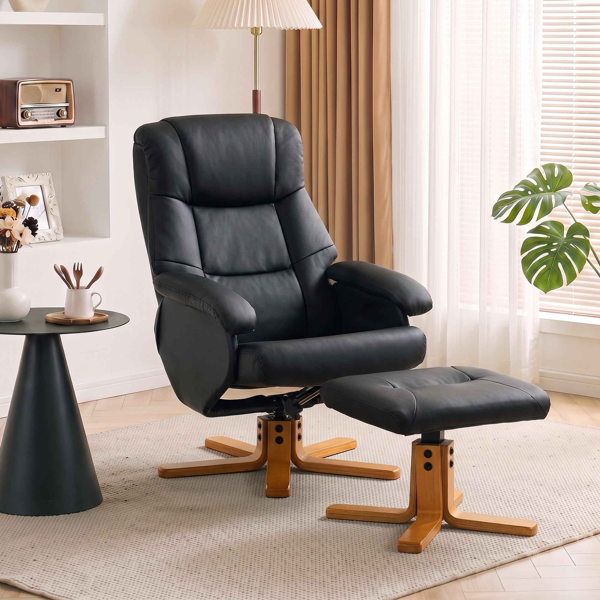 Fauteuil relax inclinable pivotant avec repose-pied piètement bois clair synthétique noir