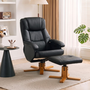 Fauteuil relax inclinable pivotant avec repose-pied piètement bois clair synthétique noir