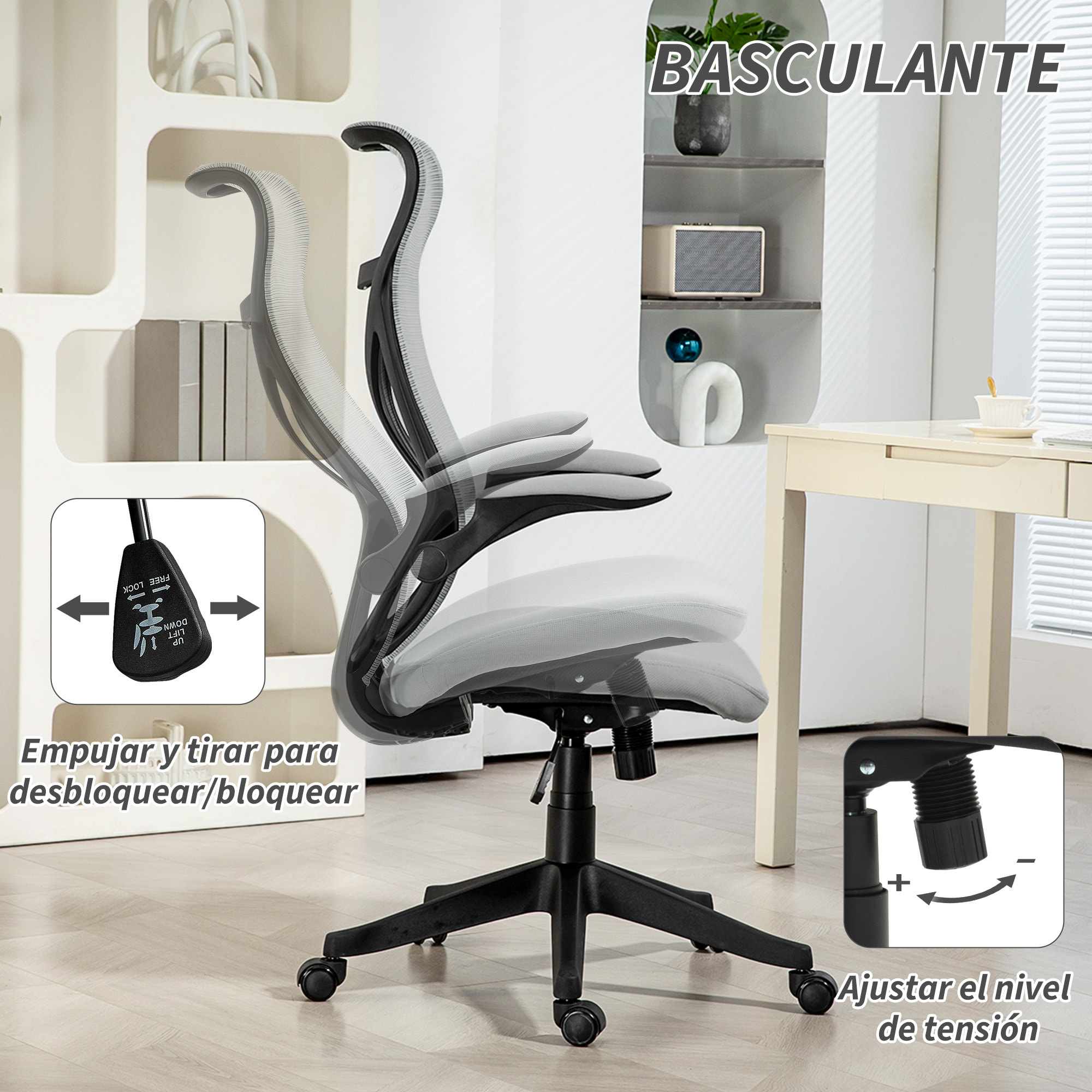 Silla de Escritorio de Malla Silla de Oficina Giratoria con Altura Ajustable Reposabrazos Abatibles y Función de Basculante Silla para Estudio Carga 120 kg Gris Claro