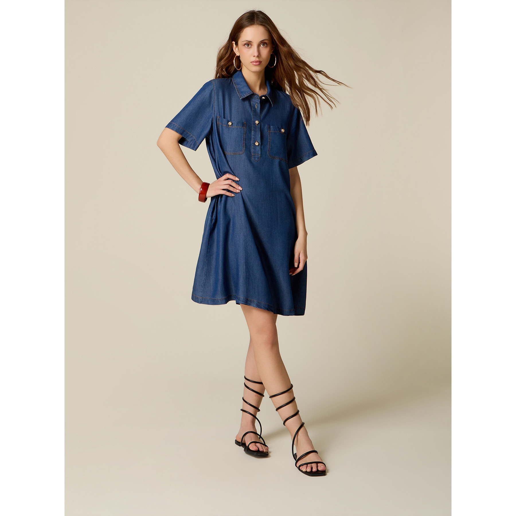 Oltre - Vestido corto en tencel efecto denim - Azul