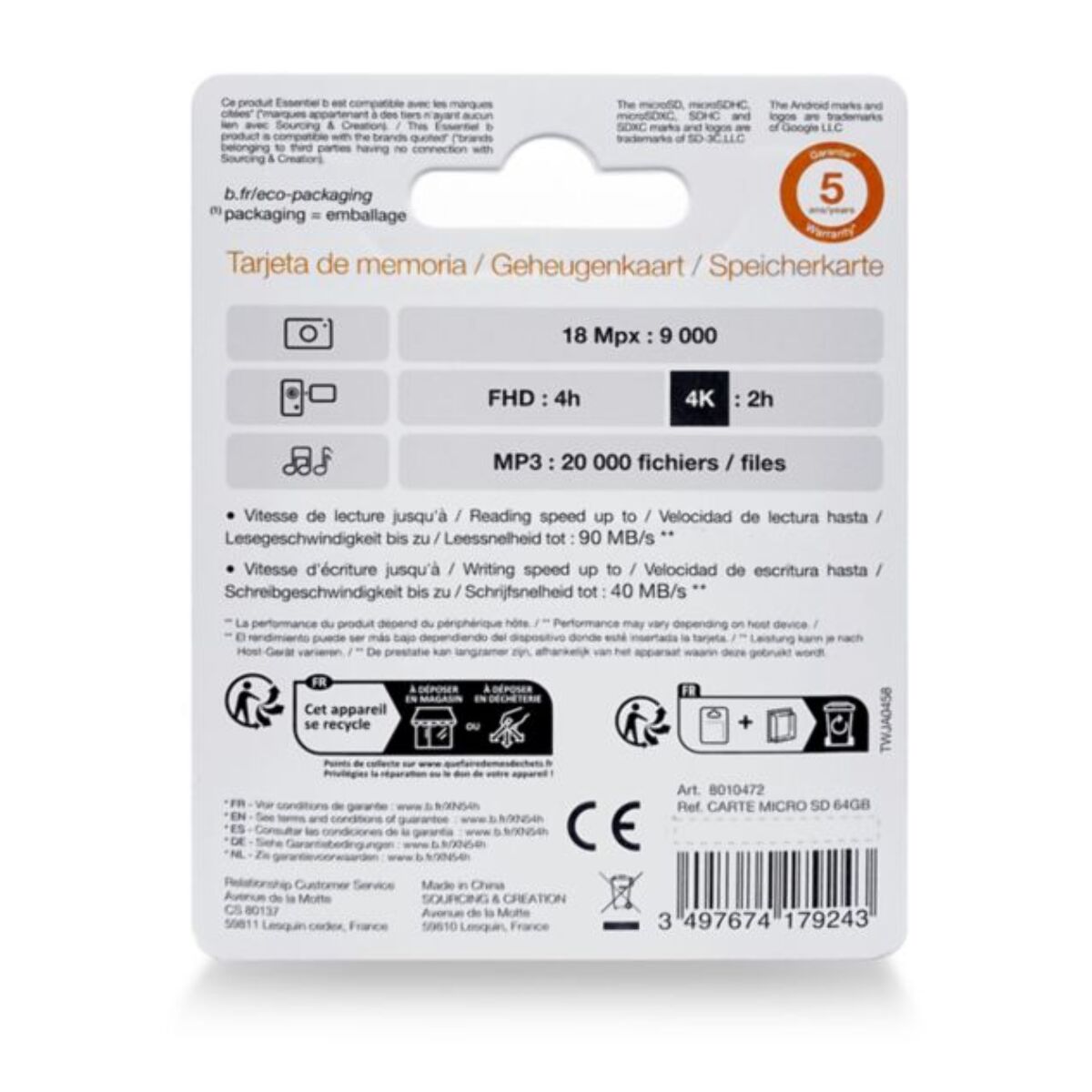 Carte Micro SD ESSENTIELB 64 Go Micro SD