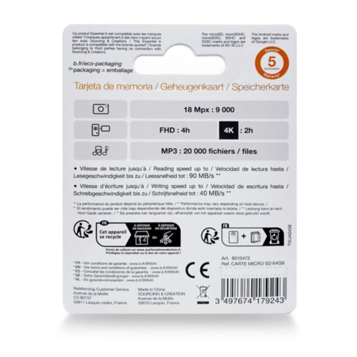 Carte Micro SD ESSENTIELB 64 Go Micro SD