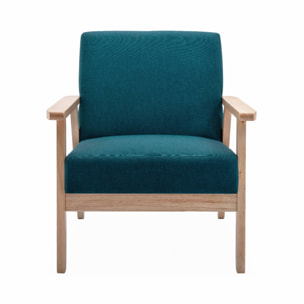 Banquette et fauteuil scandinave en bois et tissu bleu pétrole L 114 x l 69.5 x H 73cm