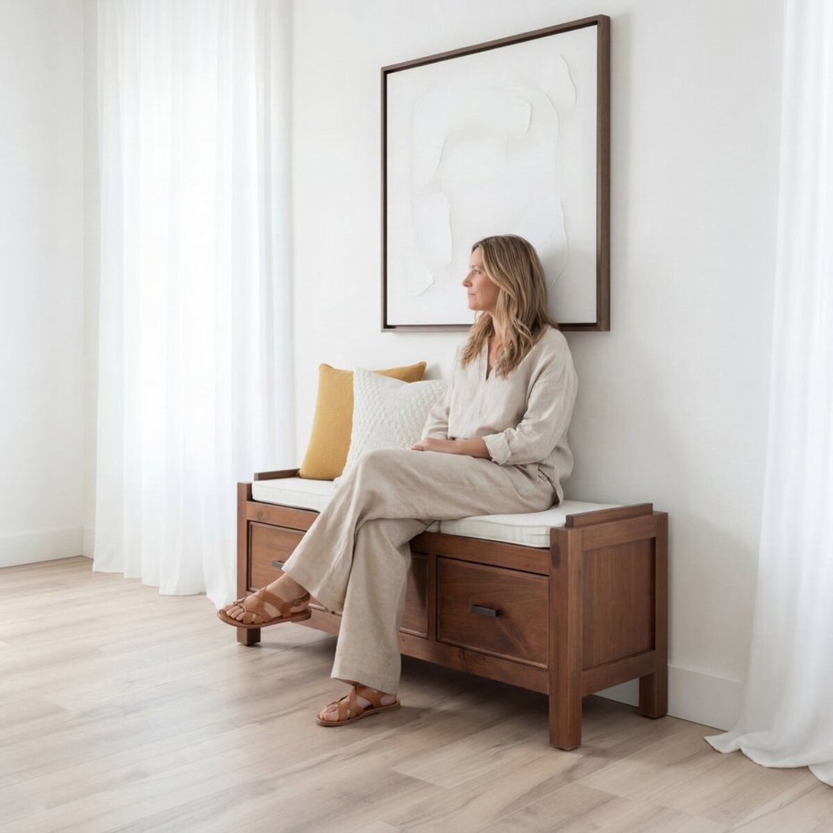 Banc Nest -bois massif, panneau de mdf et placage naturel-couleur teck 115 x 47 x 40 cm